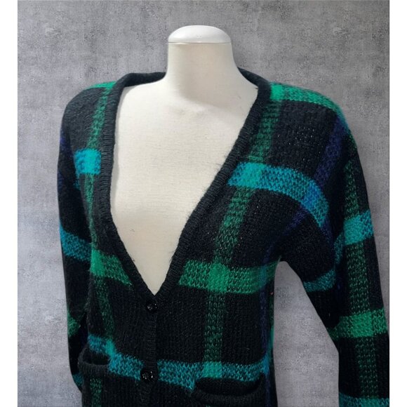 Vintage TJW By Mervyns Black & Green Plaid Knit Cardigan Sweater Size Large Pock - Picture 16 of 16